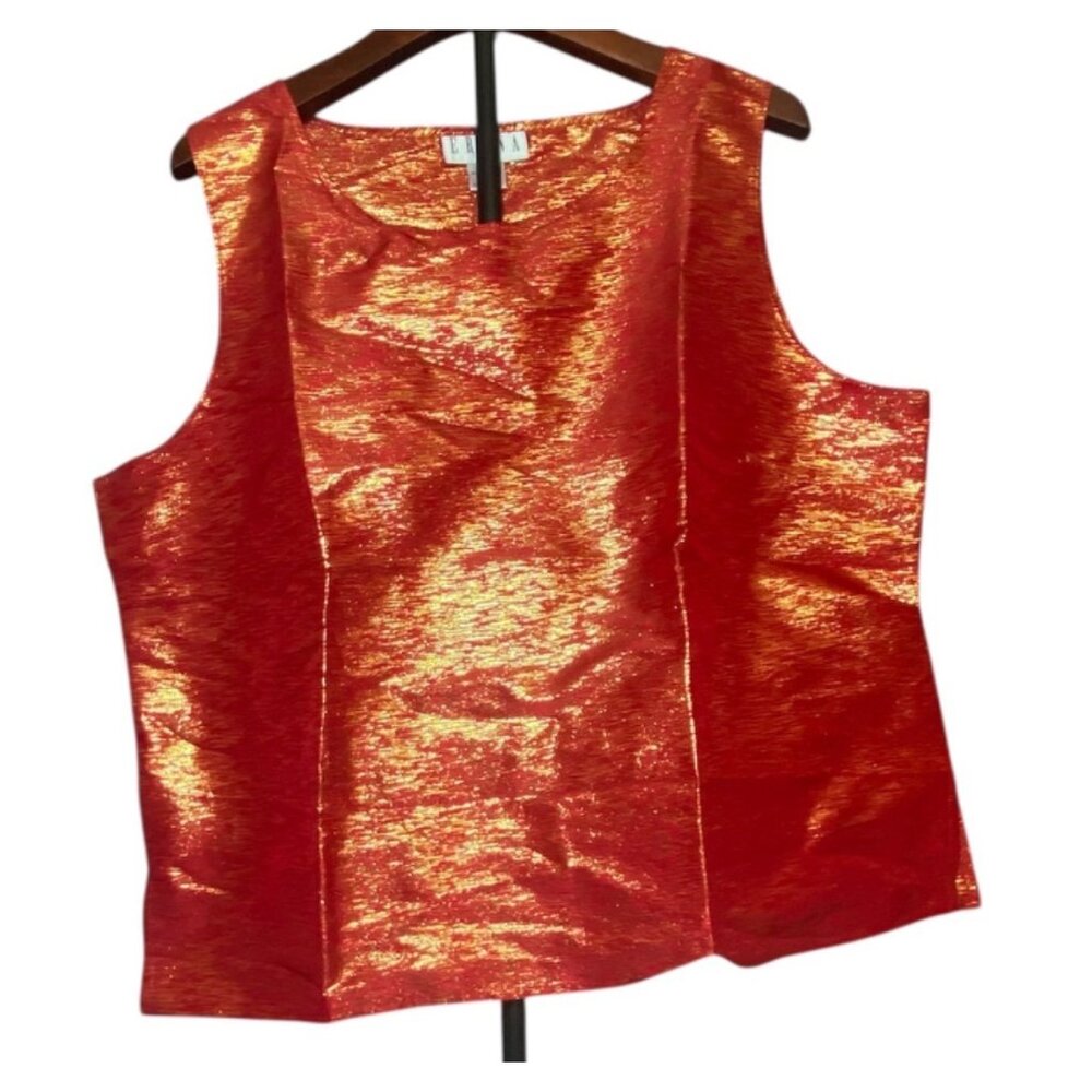 Erena Red‎ & Gold Metallic Sleeveless Tank Top XL Silk Blend Holiday Party Glam